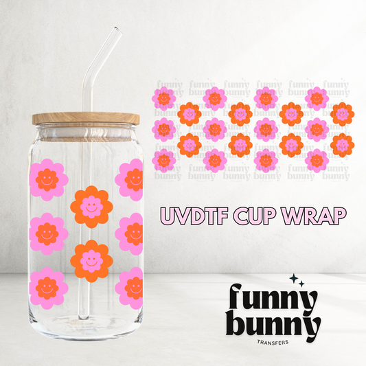 Pink Smiley Retro Flowers 2.0 - 16oz UVDTF Cup Wrap