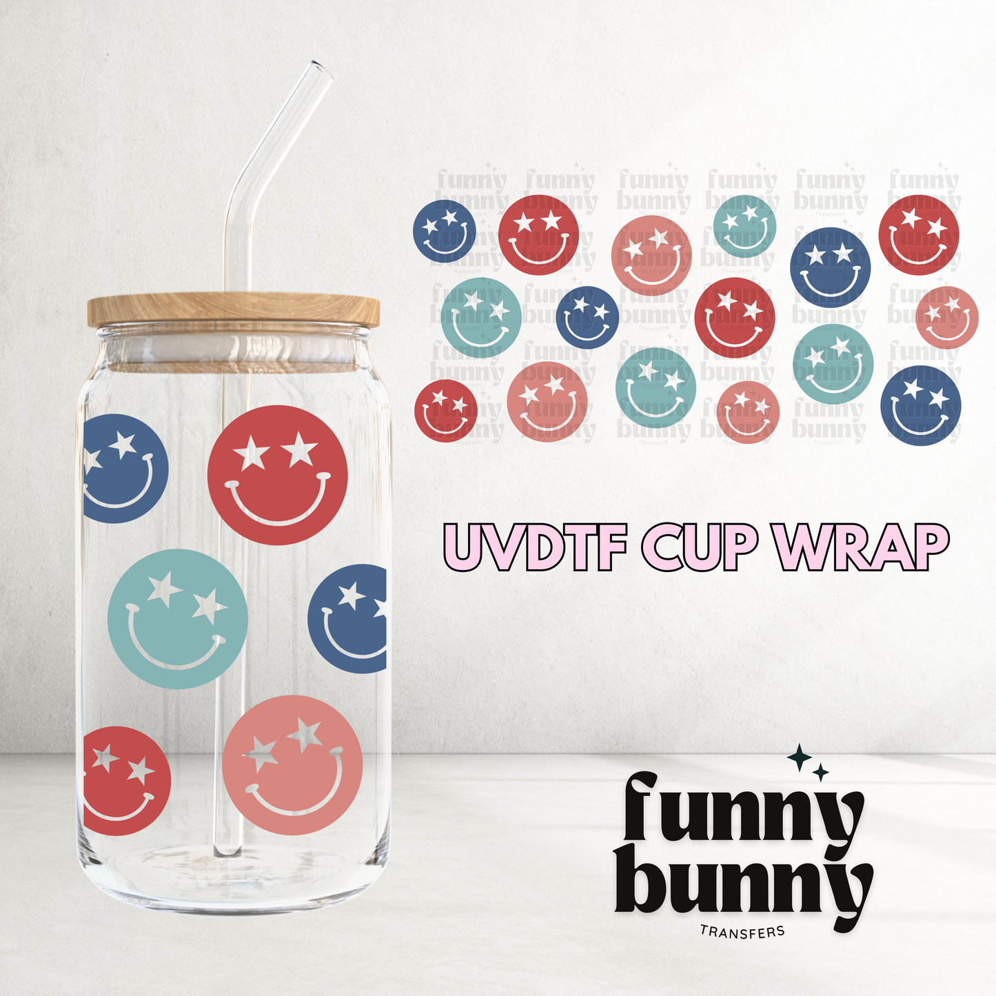 Retro Americana Smiley -  16oz UVDTF Cup Wrap