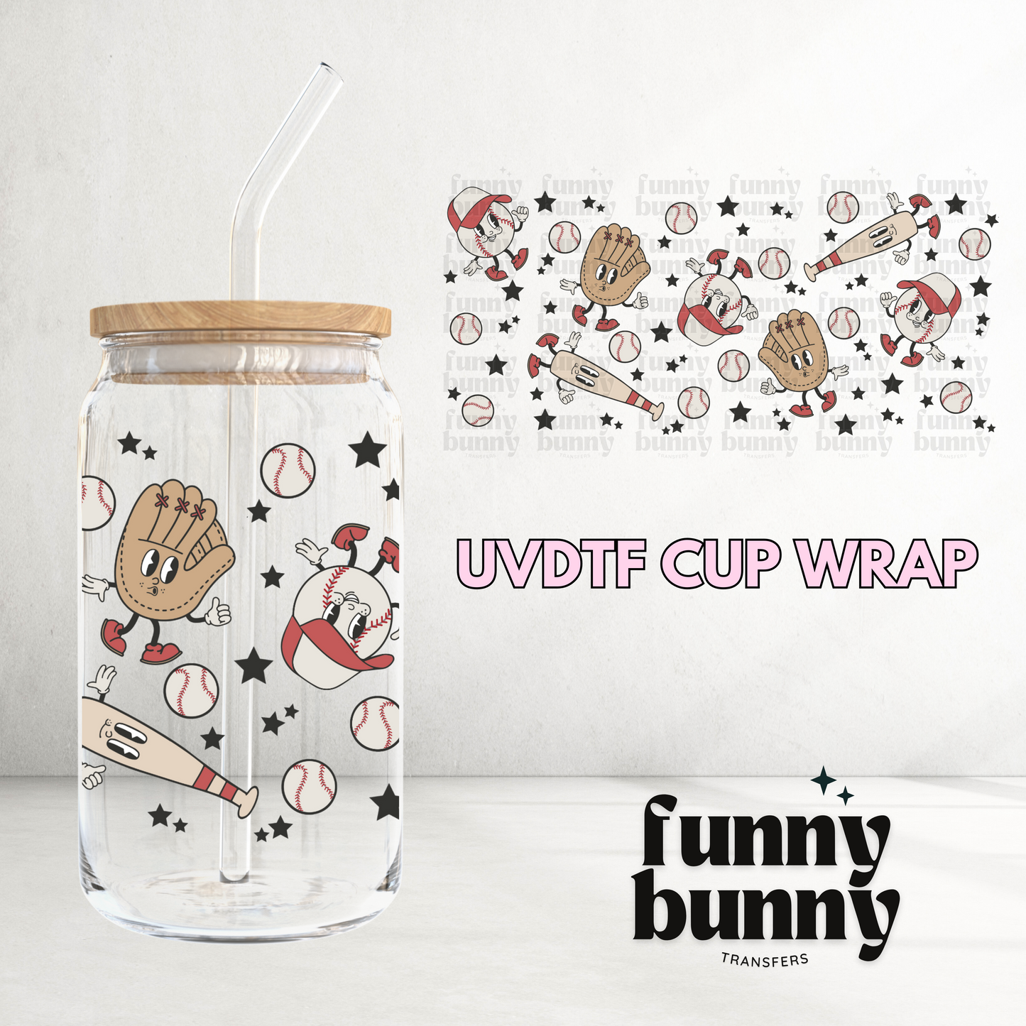 Retro Baseball Star -  16oz UVDTF Cup Wrap