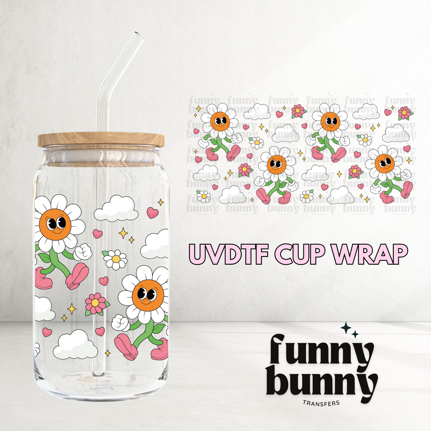 Retro Cartoon Flower - 16oz UVDTF Cup Wrap