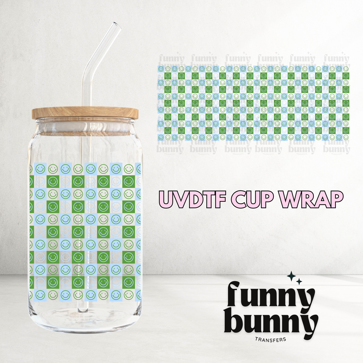 Retro Checkered Smiley Blue - 16oz UVDTF Cup Wrap