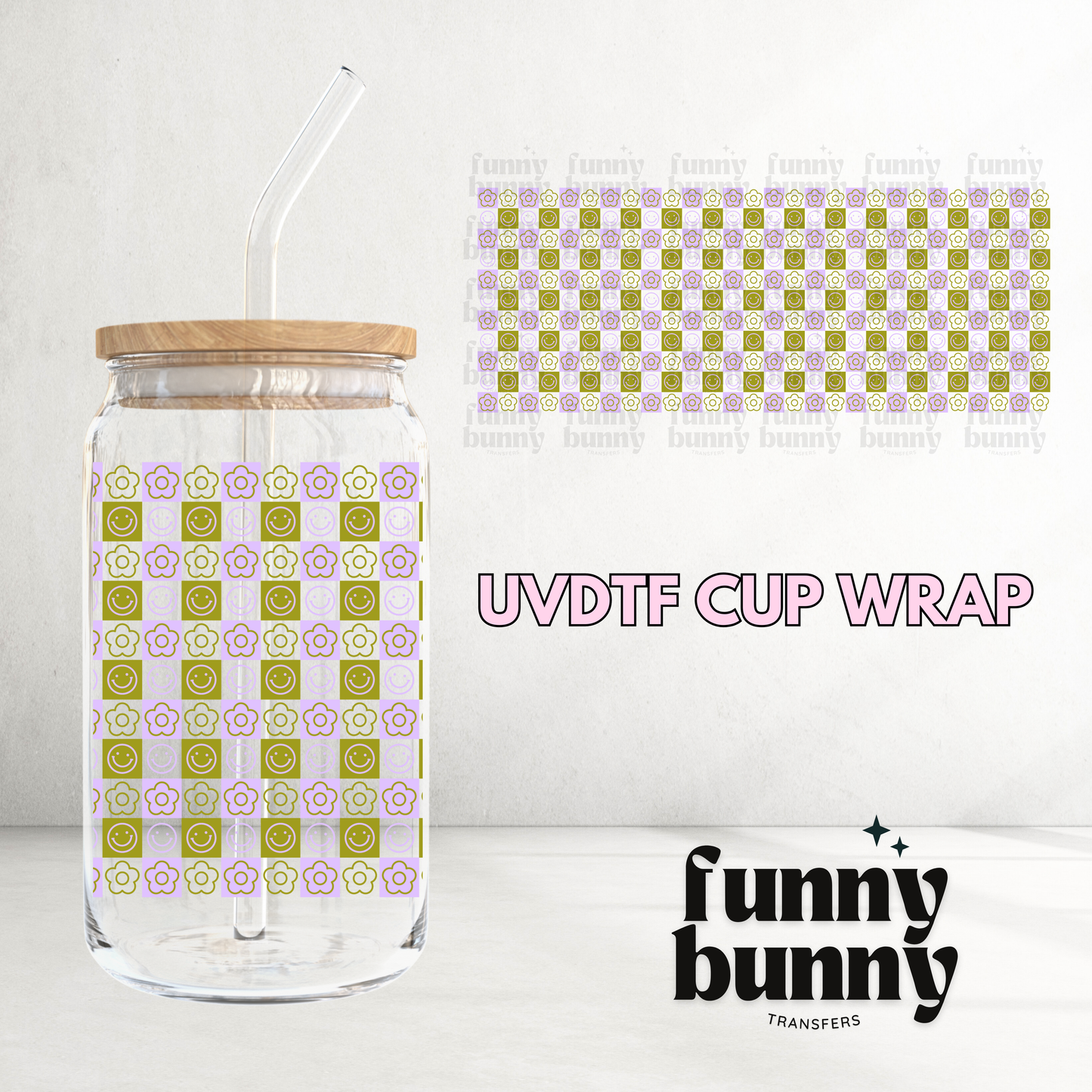 Retro Checkered Smiley Lavender - 16oz UVDTF Cup Wrap