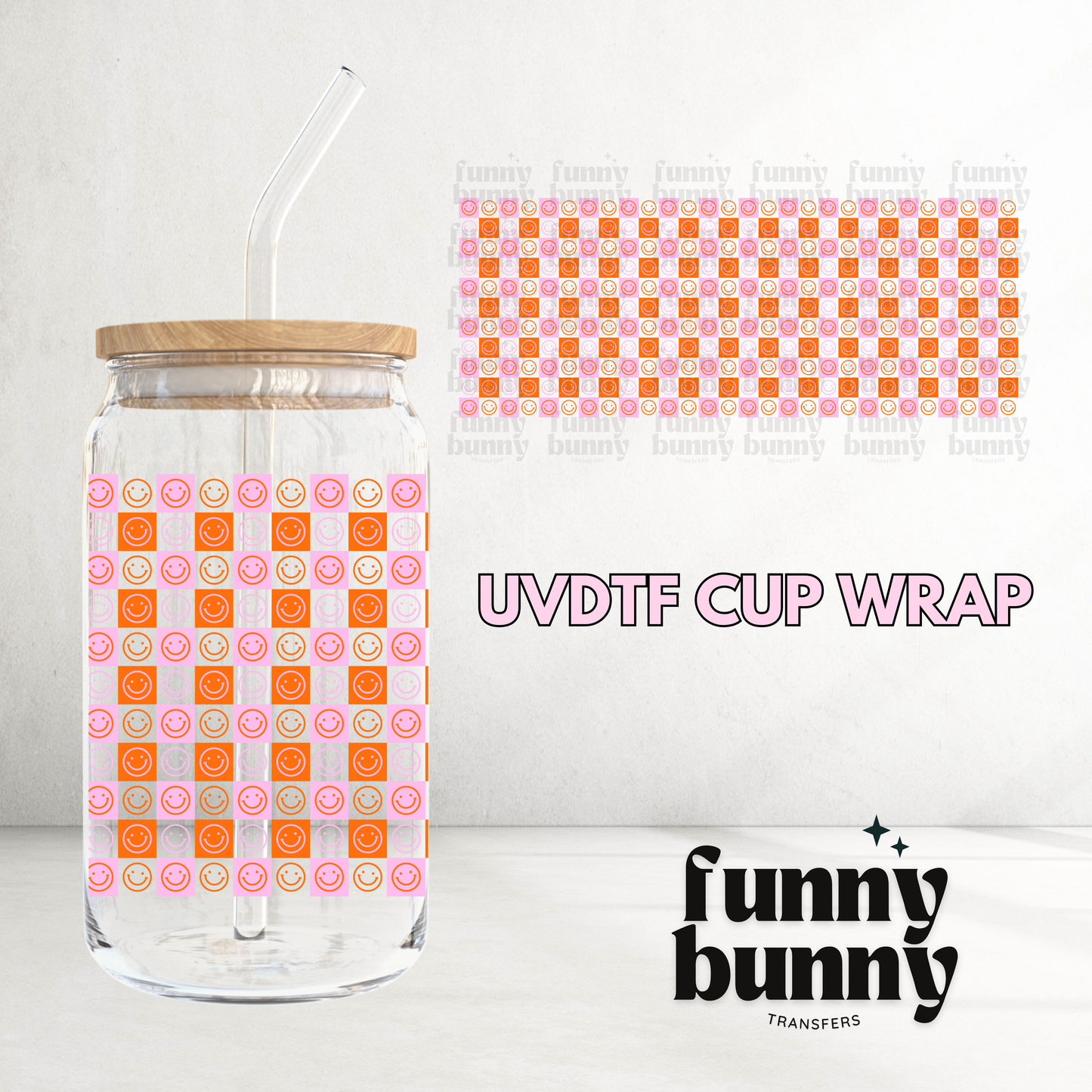 Retro Checkered Smiley Orange - 16oz UVDTF Cup Wrap