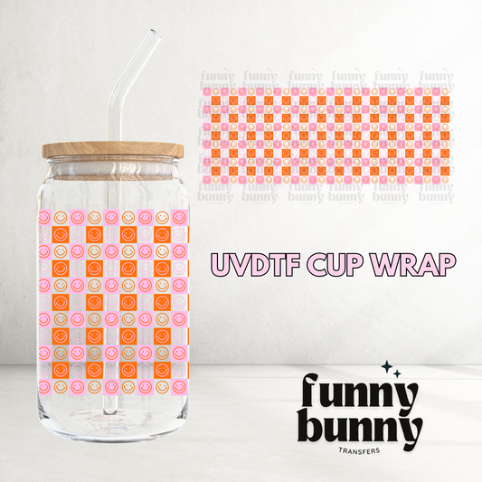 Retro Checkered Smiley Orange - 16oz UVDTF Cup Wrap