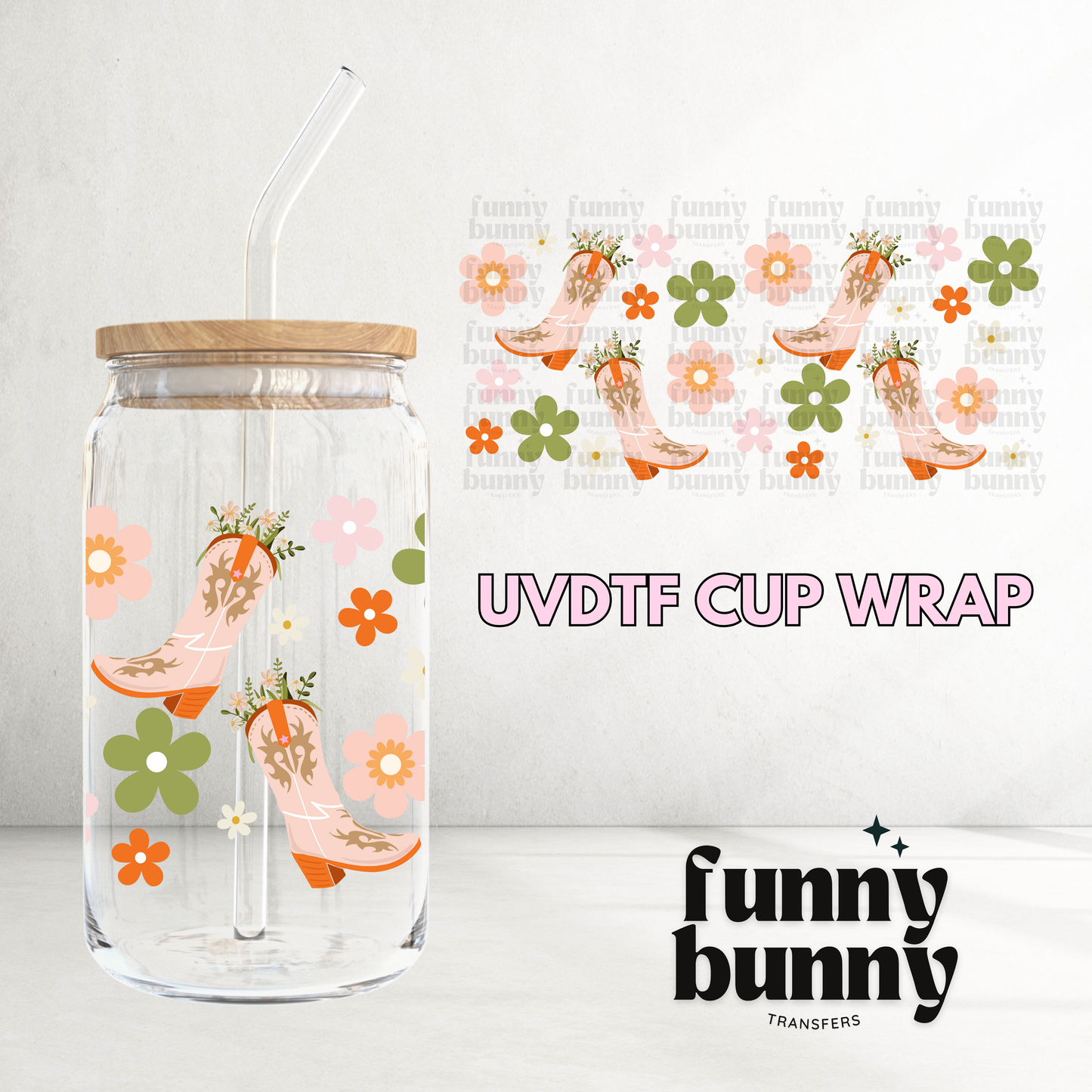 Retro Floral Cowgirl Boots - 16oz UVDTF Cup Wrap