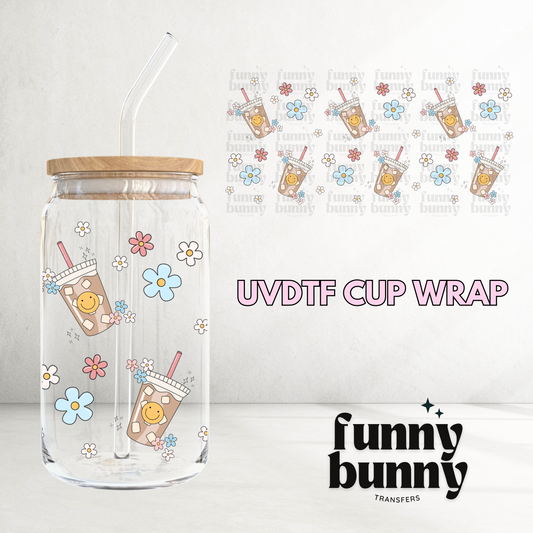 Retro Iced Coffee Girly Smiley -  16oz UVDTF Cup Wrap