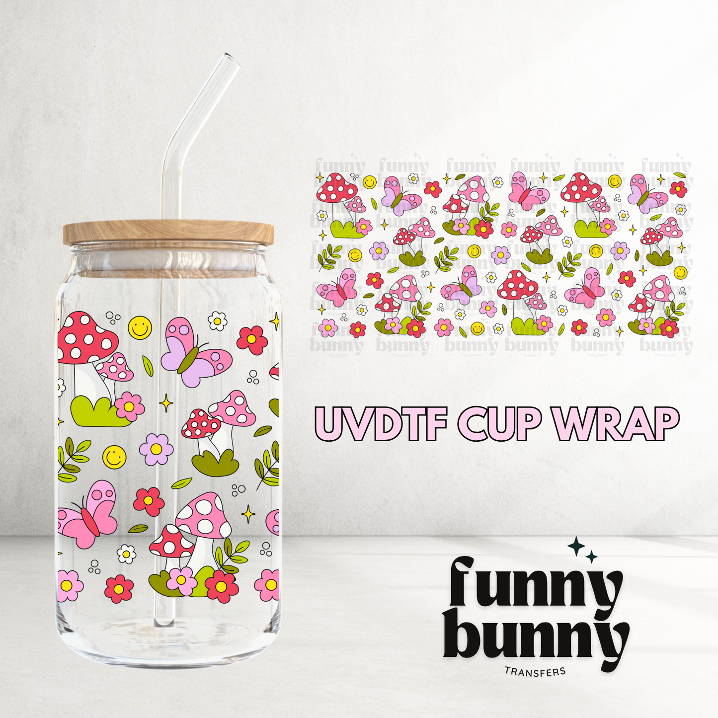 Retro Mushies & Butterflies - 16oz UVDTF Cup Wrap