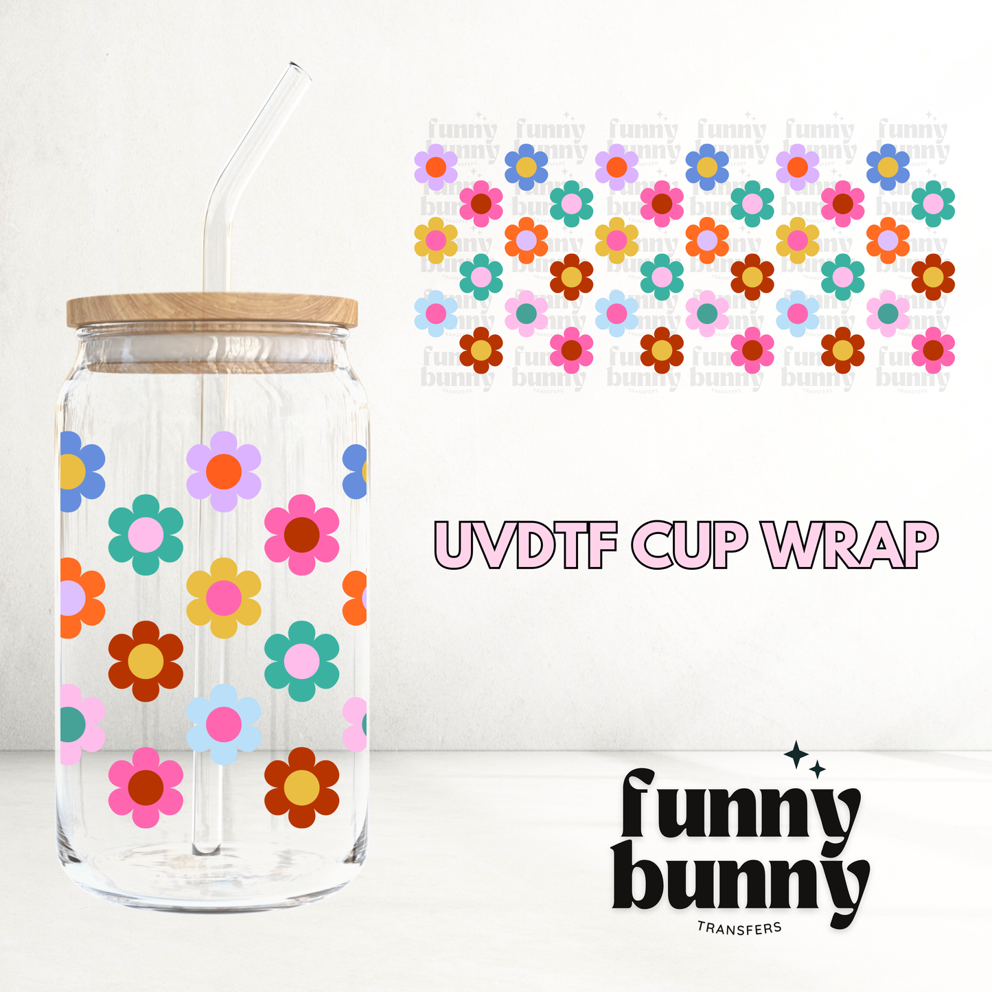 Retro Rainbow Daisies - 16oz UVDTF Cup Wrap