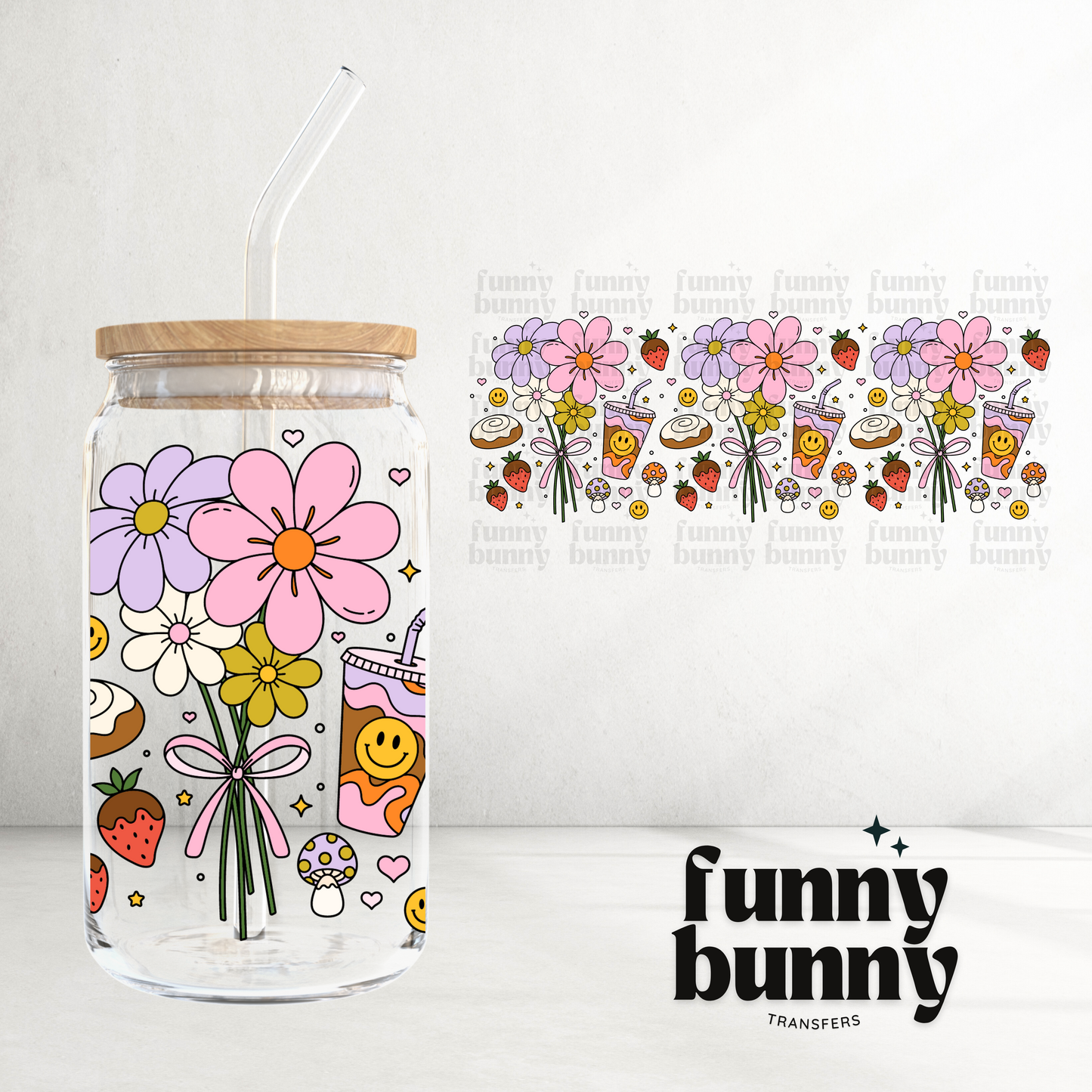 Retro Smiley Bouquet - 16oz UVDTF Cup Wrap