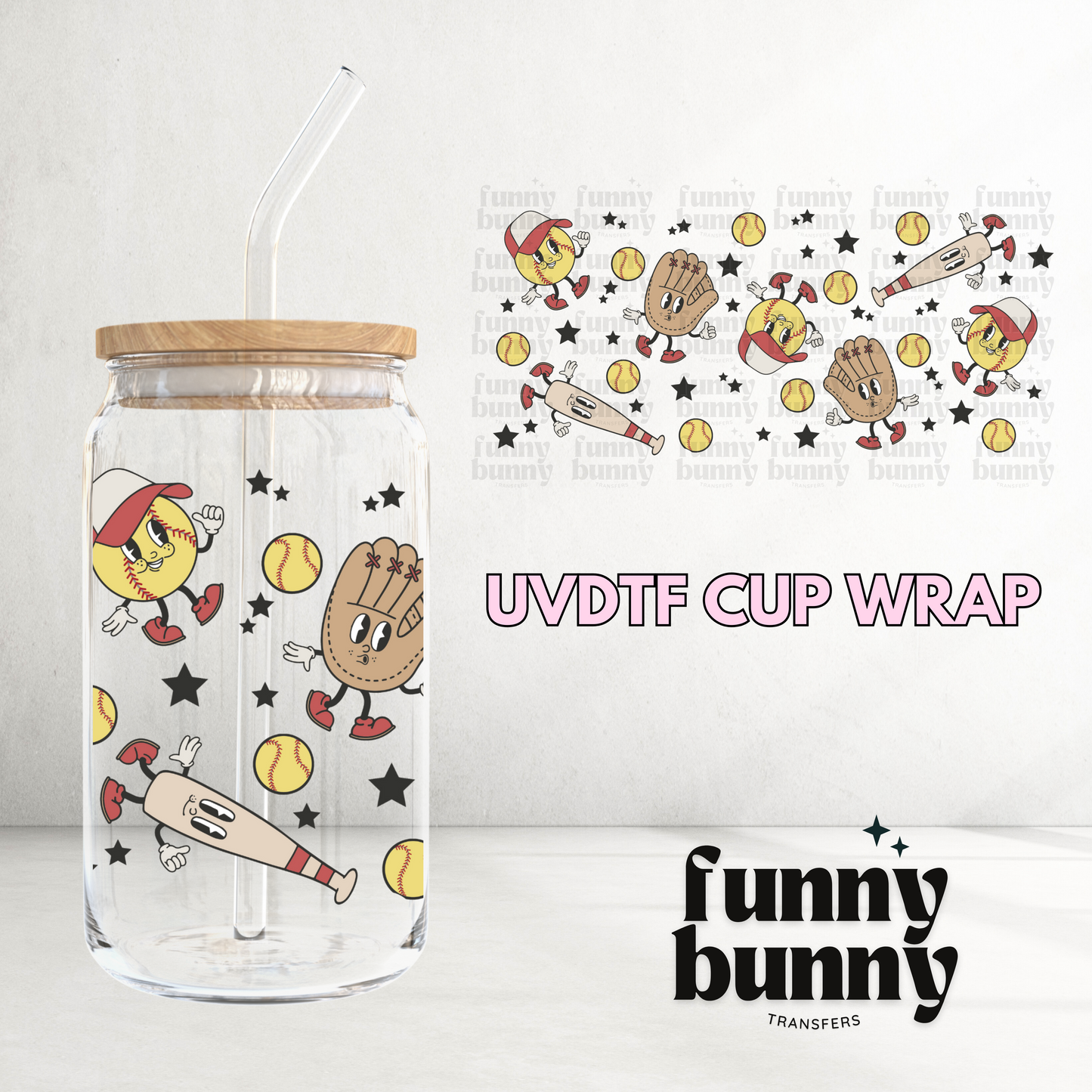 Retro Softball Star -  16oz UVDTF Cup Wrap