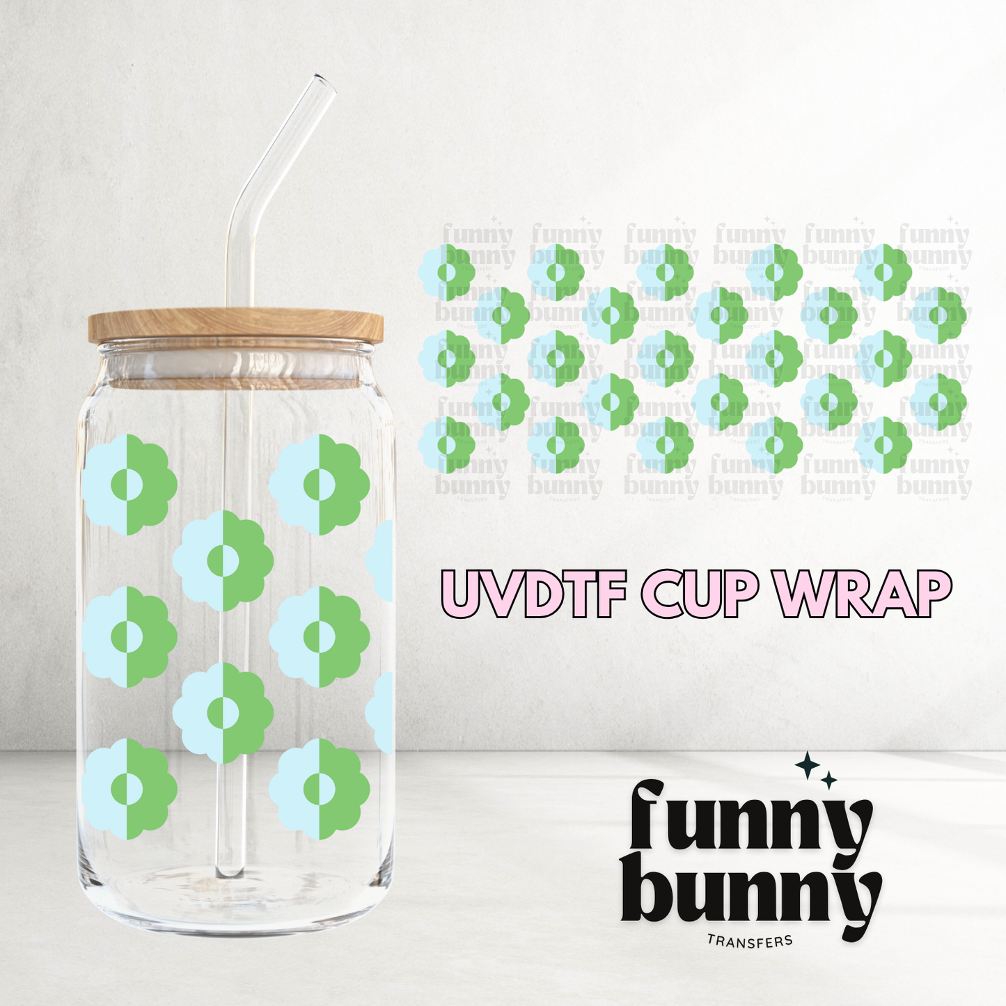 Sky Blue GreenFlowers 2.0 - 16oz UVDTF Cup Wrap