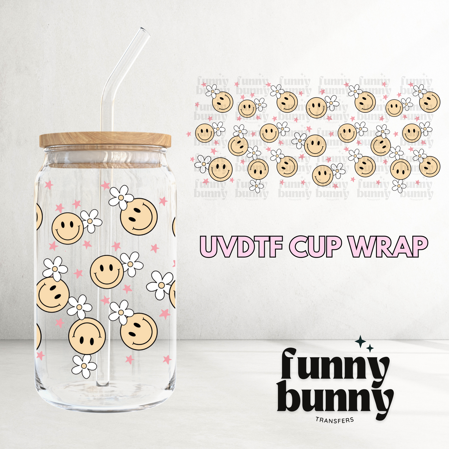 Smiley Daisy Stars - 16oz UVDTF Cup Wrap