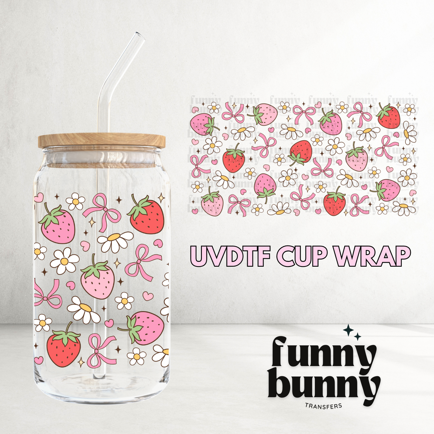 Strawberry Floral Bows - 16oz UVDTF Cup Wrap