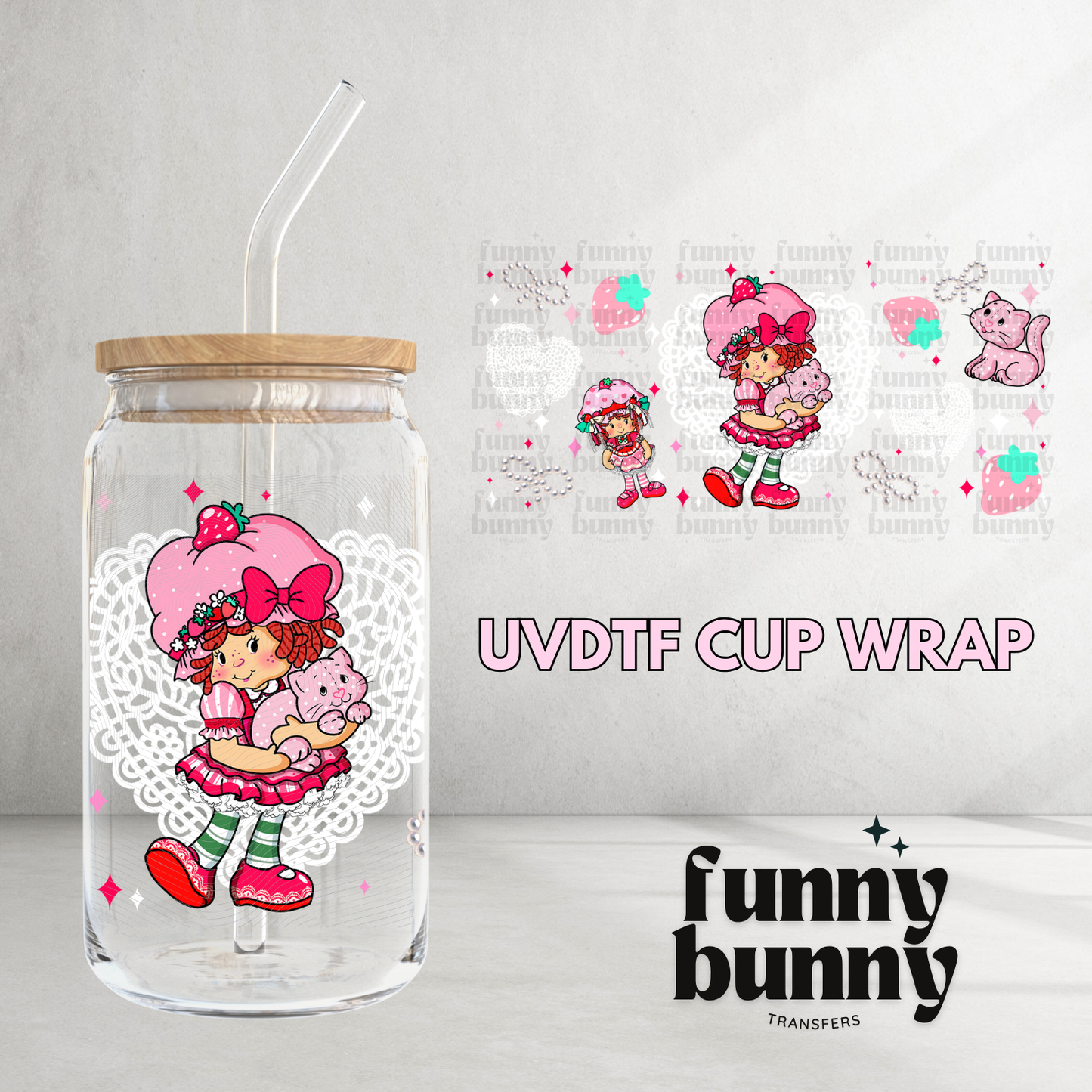 Strawberry Lace Pearl Bows - 16oz UVDTF Cup Wrap