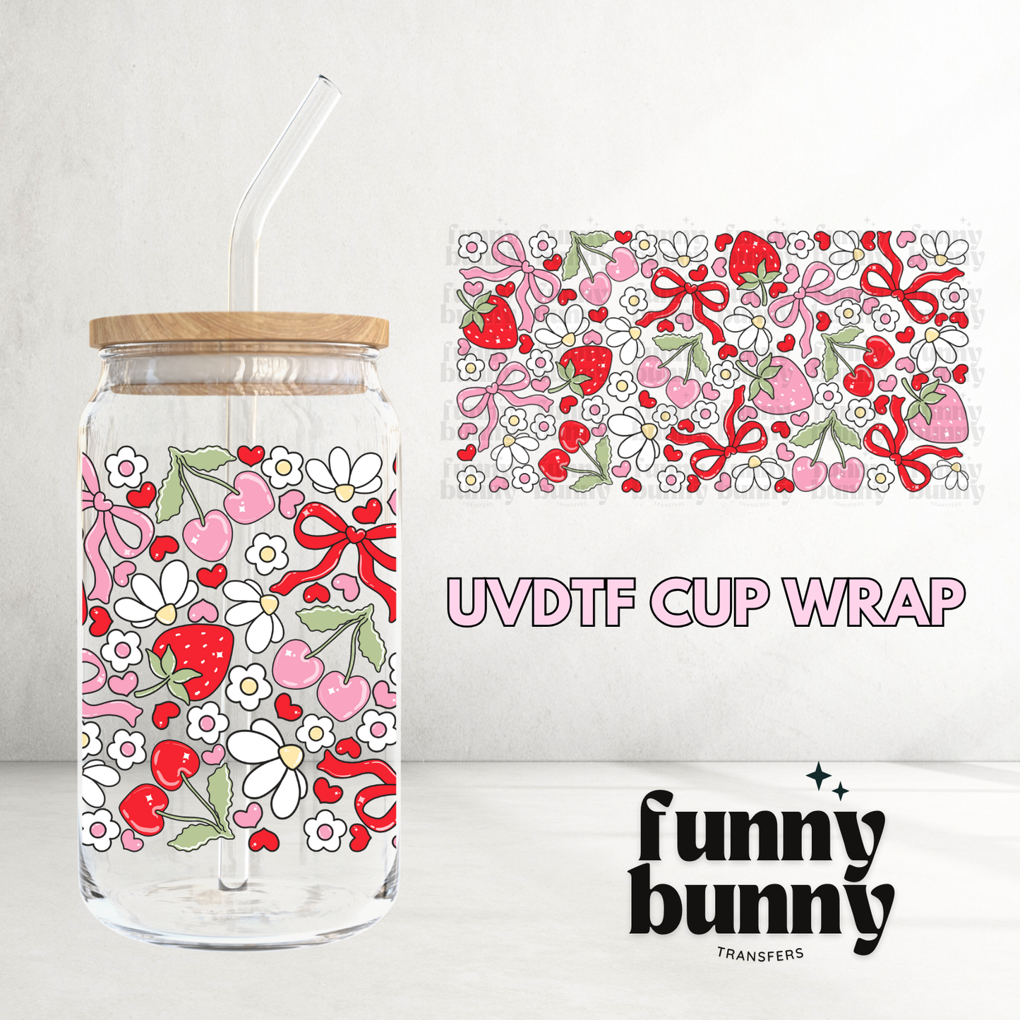 Strawberry Pink Red Bows - 16oz UVDTF Cup Wrap