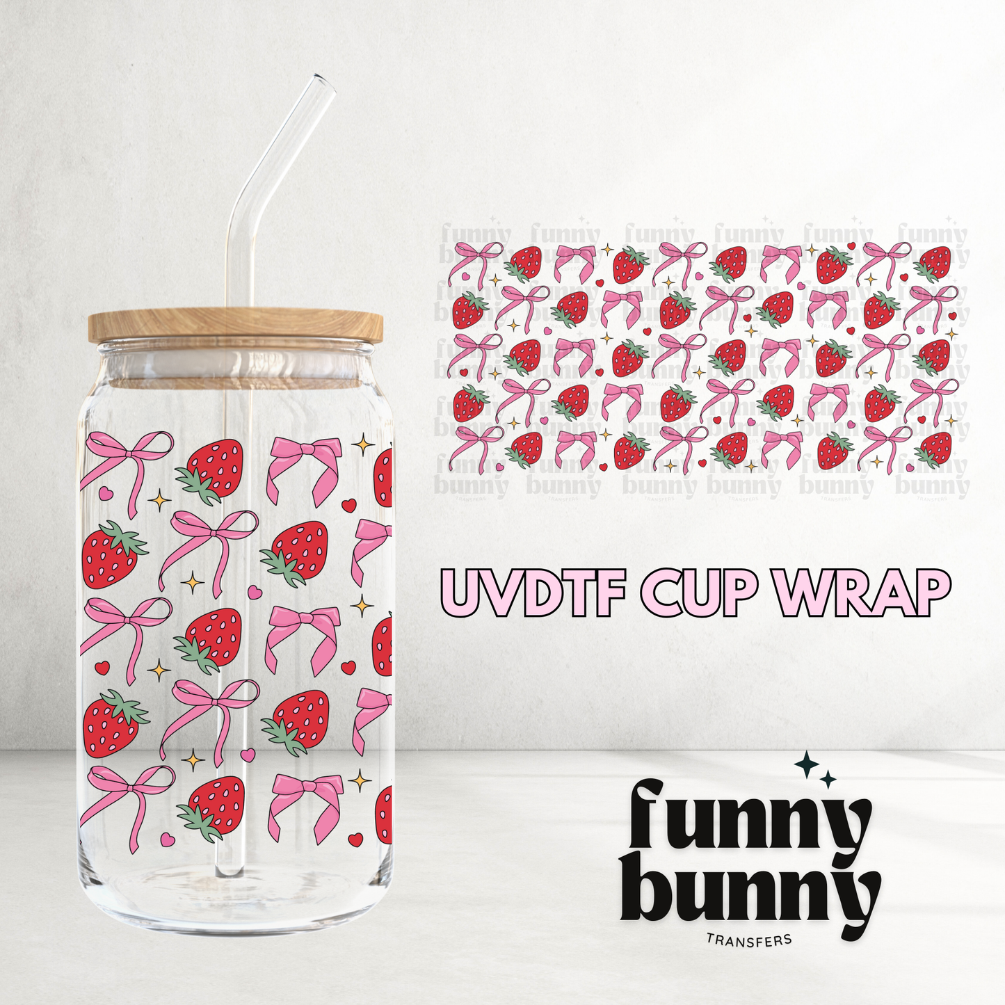 Strawberry Soft Girl Bows - 16oz UVDTF Cup Wrap