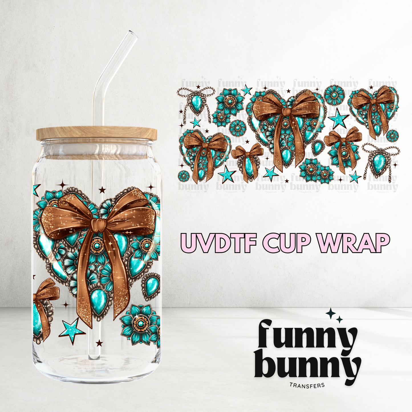 Turquoise Conchos Heart - 16oz UVDTF Cup Wrap