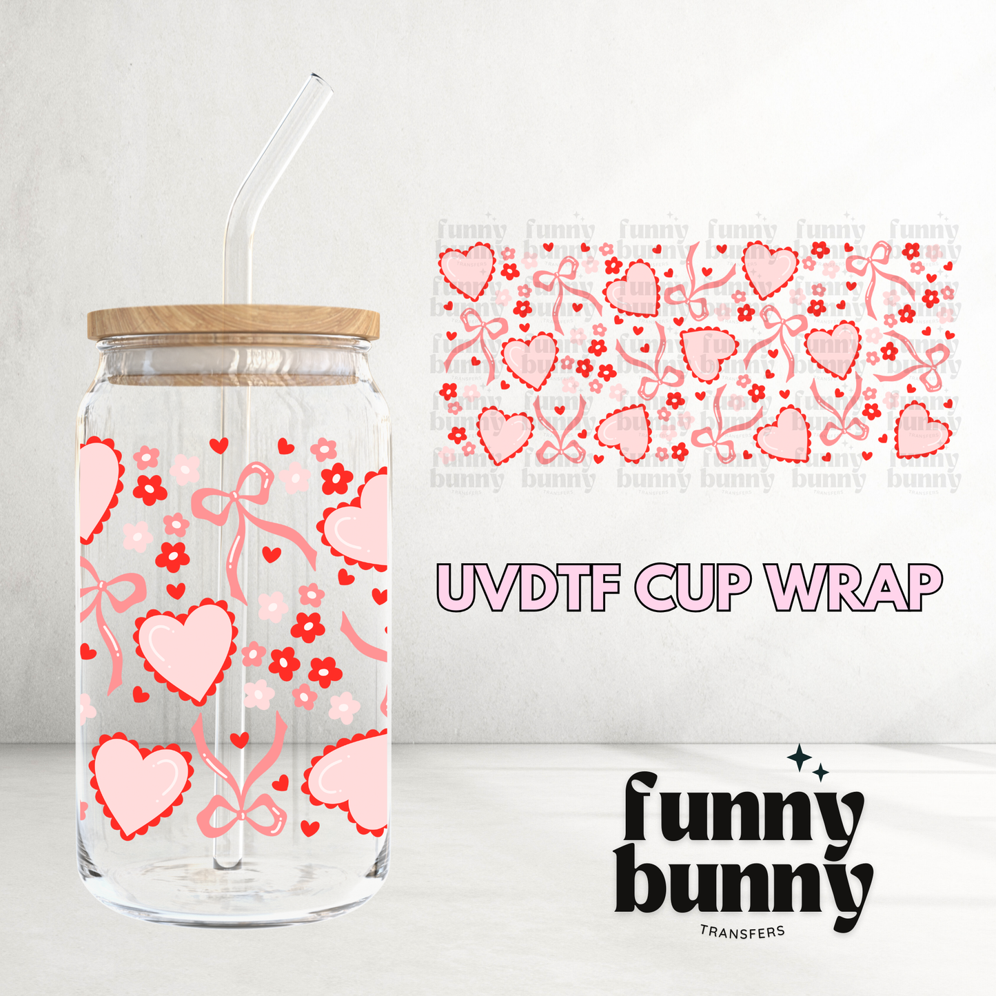 Vday Girly Hearts & Bows - 16oz UVDTF Cup Wrap