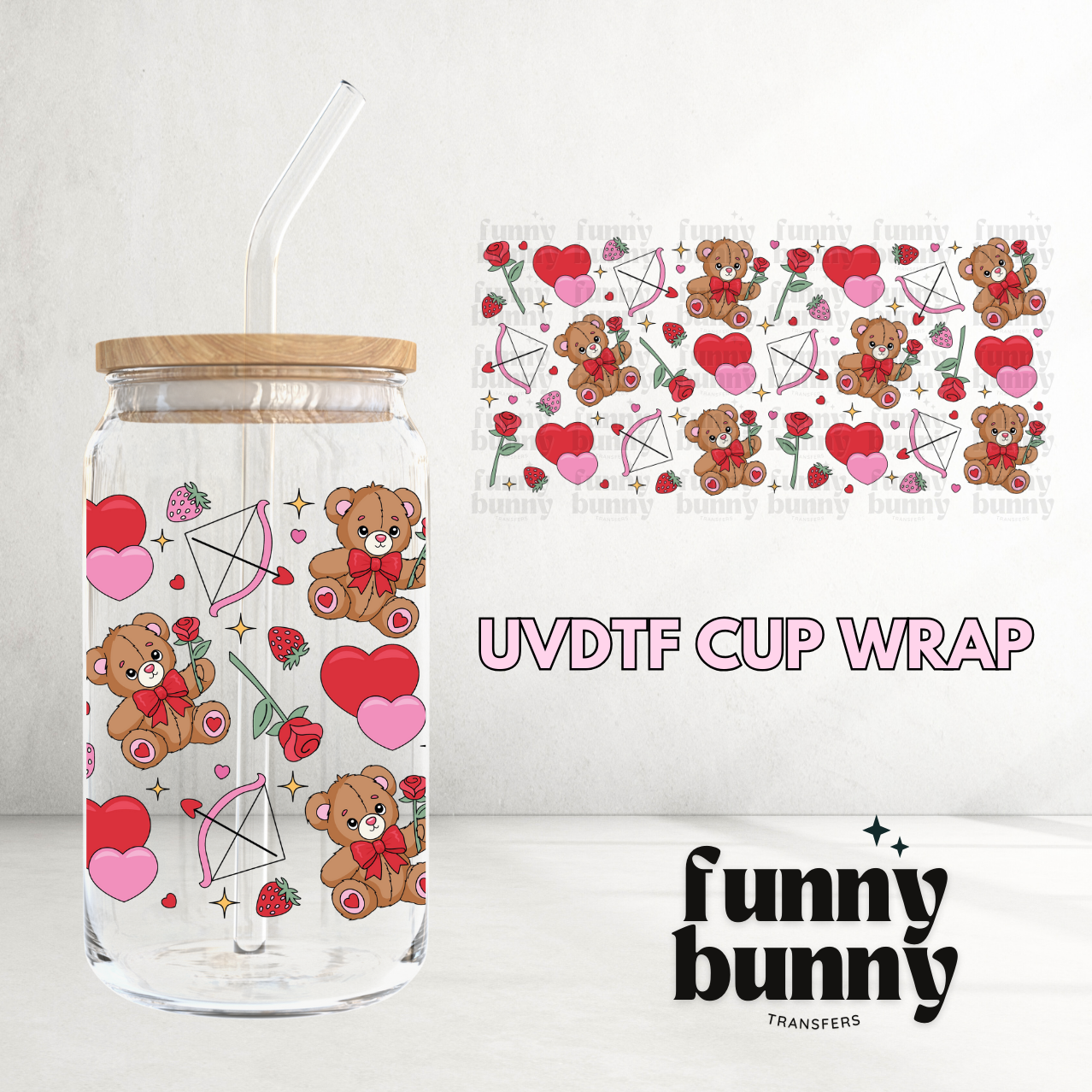 Vday Teddy Cupid Hearts - 16oz UVDTF Cup Wrap
