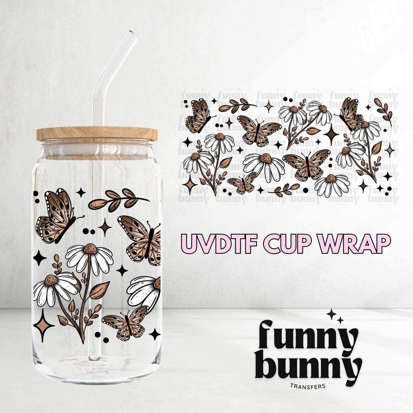 Vintage Daisy Butterflies - 16oz UVDTF Cup Wrap